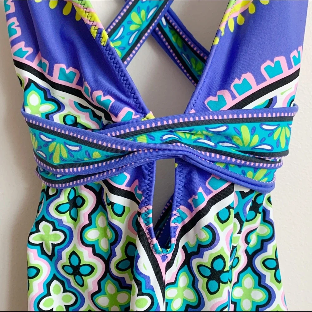 Trina Turk Patterned, Strappy One-Piece Swimsuit, Deep Plunge Front - Picture 4 of 8